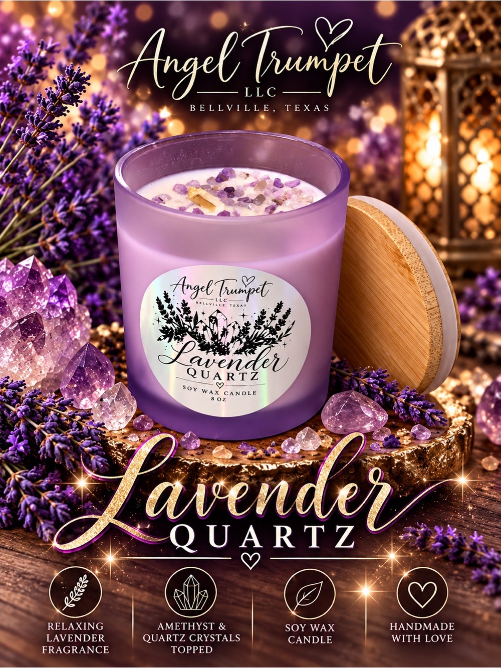 LAVENDER QUARTZ SOY CANDLE | AMETHYST CRYSTAL INFUSED | HANDMADE 8 OZ